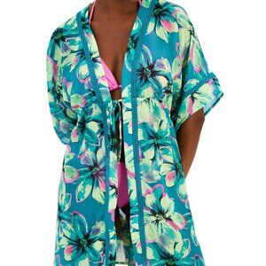 Miken Women's Floral Crochet-Trim Kimono Cover-Up – Teal/Pink Tropical Print